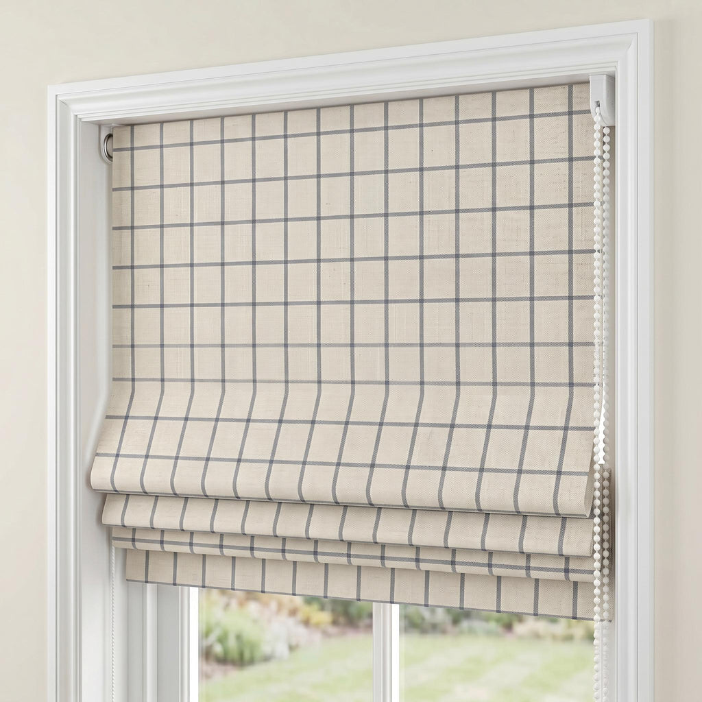 Beige Blue Check Roman Shade, Linen Look Windowpane Roman Blind, Farmhouse Plaid Window Treatment, Custom Kitchen Shade