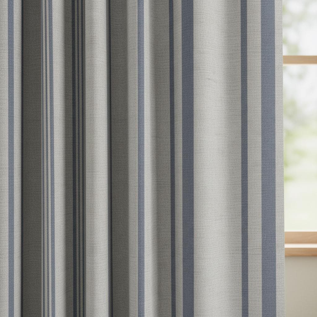 Blue Striped Cotton Linen Look Curtains, Vertical Stripe Drapes, Light Filtering Window Curtains, Custom Size Panels