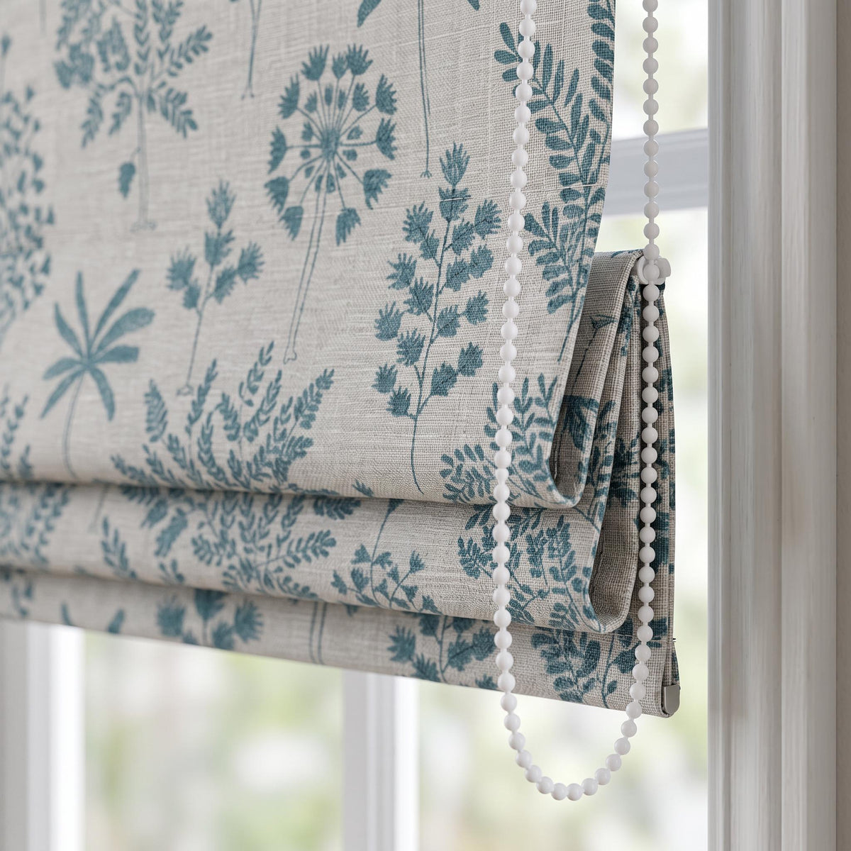 Custom Blue Botanical Roman Shade, Linen Floral Window Blinds, Teal Leaf Print Fabric Shade for Kitchen, Bathroom, Bedroom & Living Room