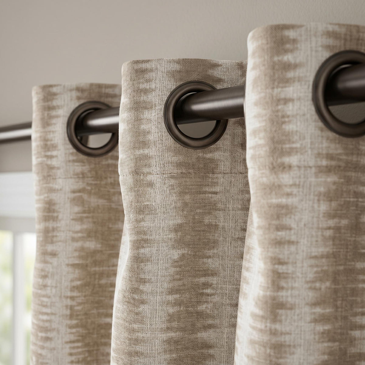 Taupe Linen Blend Curtains, Neutral Ikat Stripe Drapes, Beige Light Filtering Curtain Panel, Custom Window Curtains