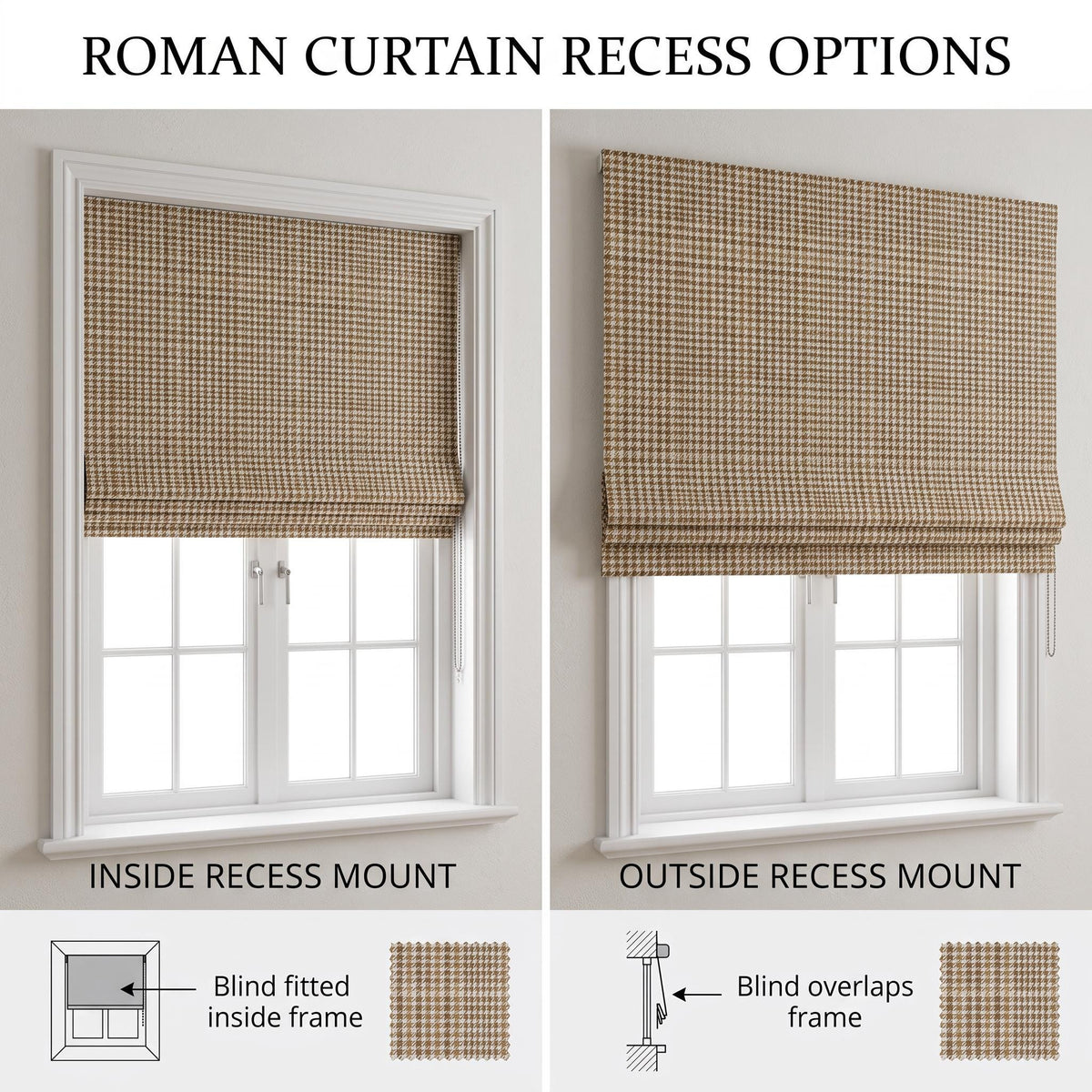 Brown Houndstooth Roman Shade, Custom Linen Window Treatment, Rustic Tweed Blind