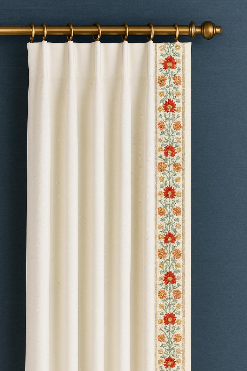 Embroidered Floral Curtain Trim: Red, Mustard & Blue - 4" Wide