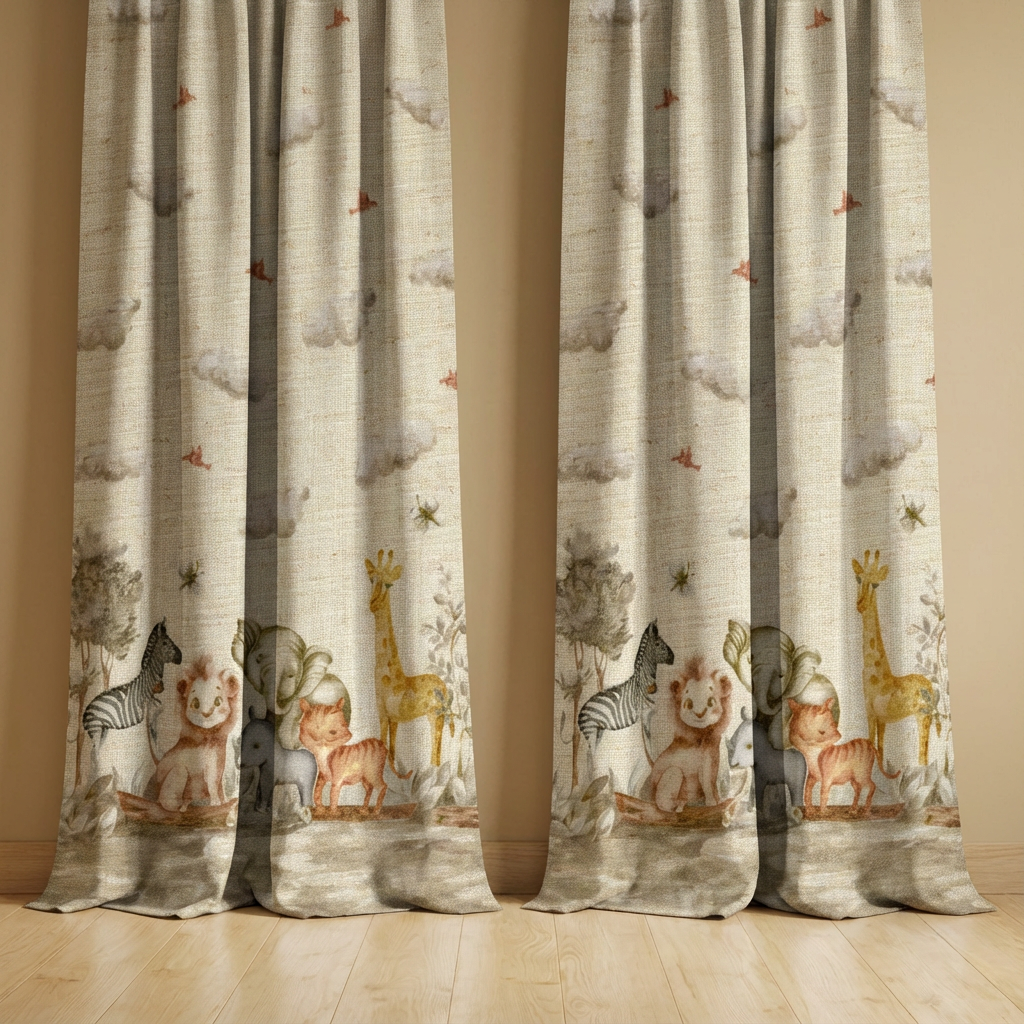 Curtains with animal pattern hanging on a wooden floor