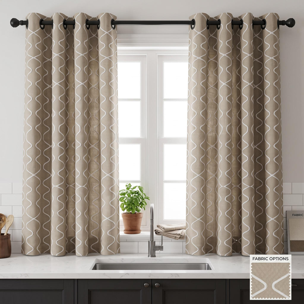 Beige Geometric Embroidered Curtains, White Lattice Linen Blend Window Drapes, Modern Ogee Custom Curtain Panels, Neutral & Bedroom Drapes