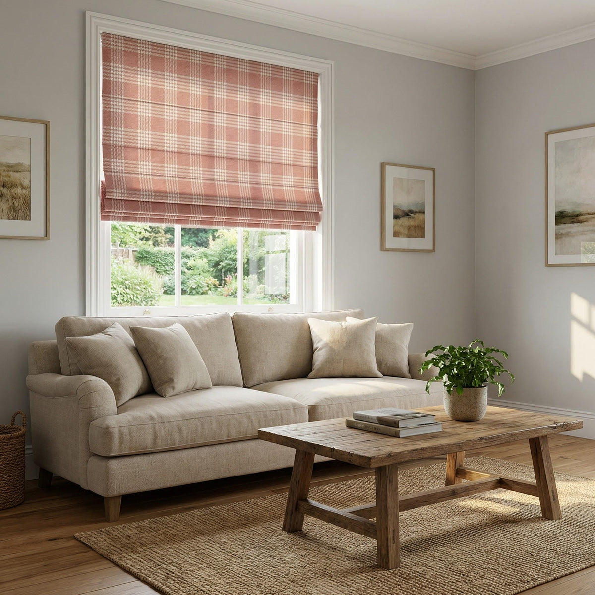 Blush Plaid Roman Shade, Pink Check Roman Blind, Custom Farmhouse Window Treatment, Cottage Decor
