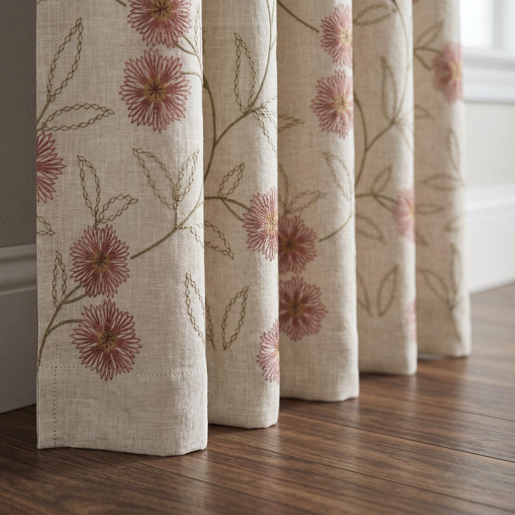 Rust Floral Embroidered Curtains, Linen Cotton Drapes, OEKO-TEX Beige Curtain Panels, Farmhouse Cottage Window Curtains