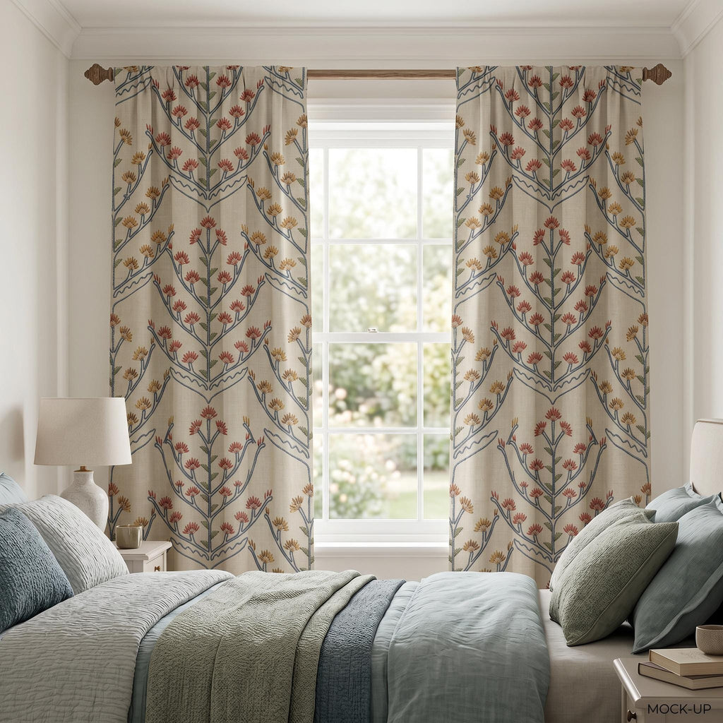 Embroidered OEKO-TEX Linen Cotton Curtains, Floral Botanical Drapes, Custom Beige Curtain Panels, Farmhouse Cottage Curtains