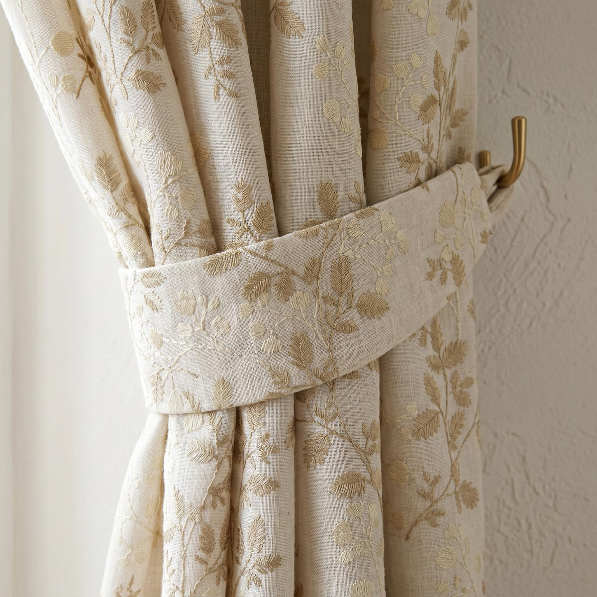 Ivory Beige Embroidered Curtains, Botanical Leaf Linen Look Drapes, Back Tab Curtain Panel, Neutral Floral Window Curtains