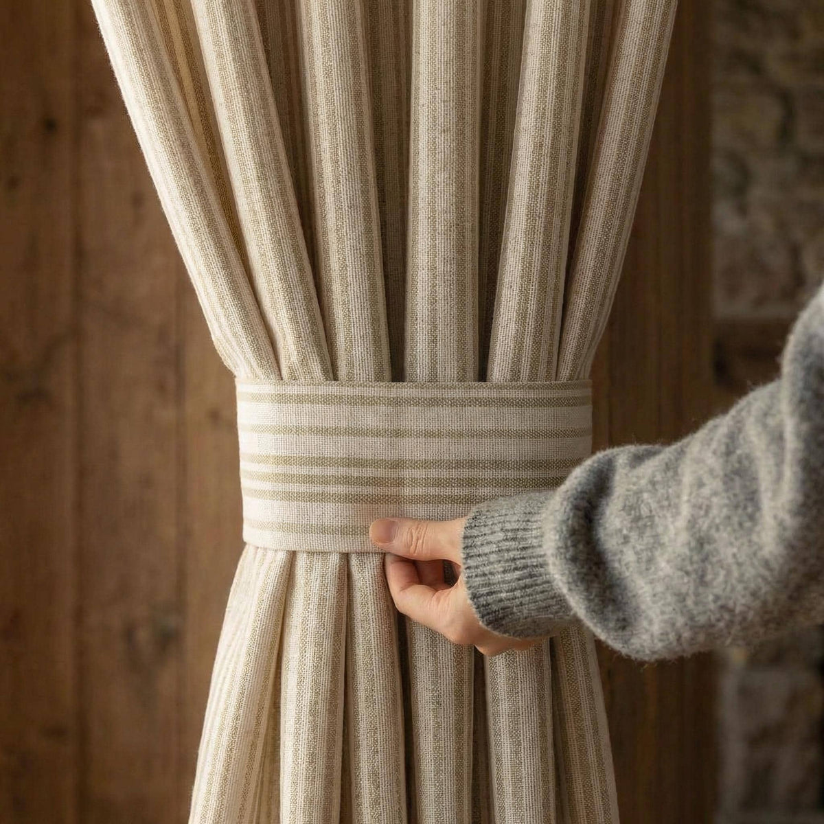 Farmhouse Stripe Curtains | Beige Linen Drapes | Rustic Country Window Panels | Custom Made Curtains