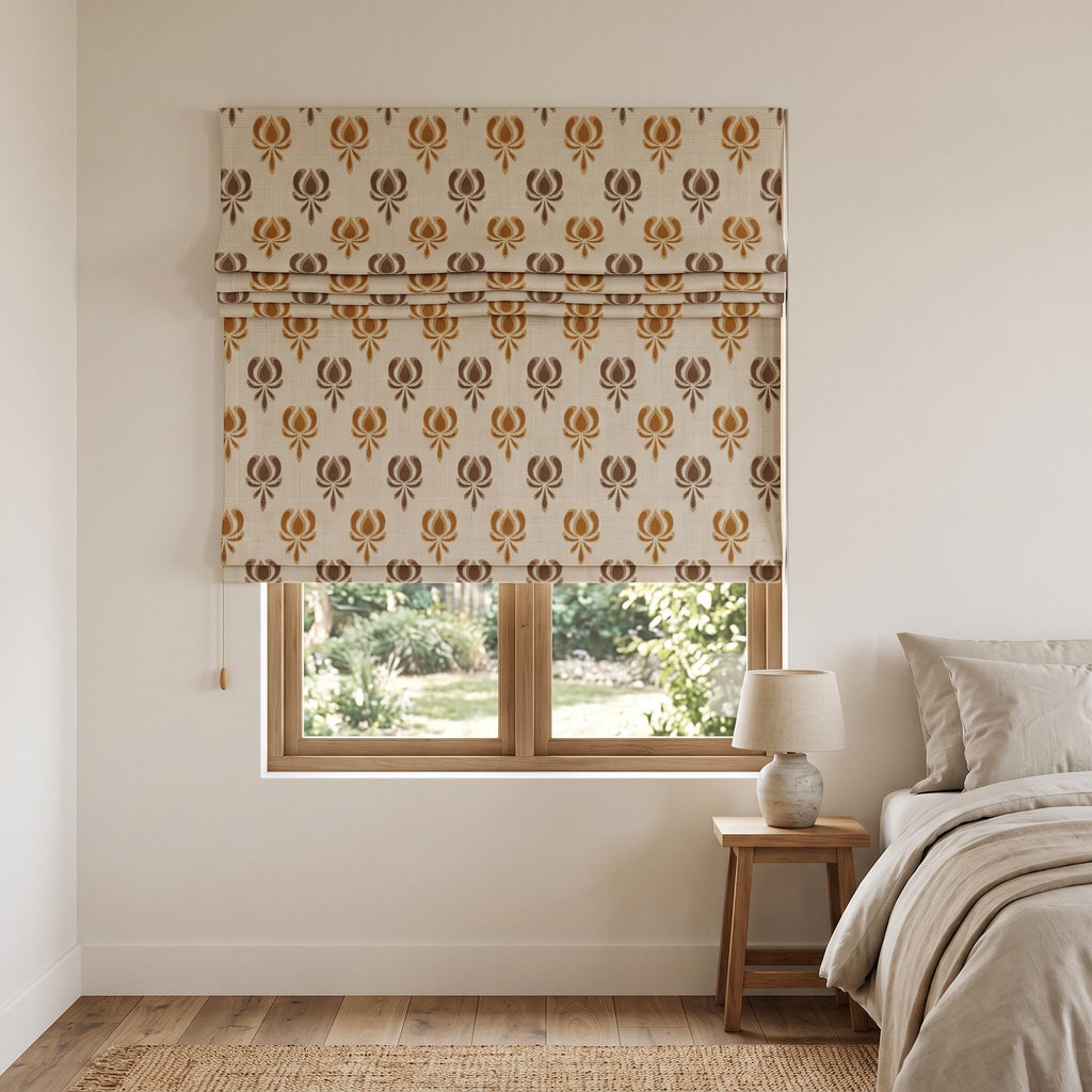 Neutral Floral Woven Linen Roman Shade, Mustard Beige Tulip Window Blind, Earthy Botanical Pattern Shade, Blackout or Light Filter