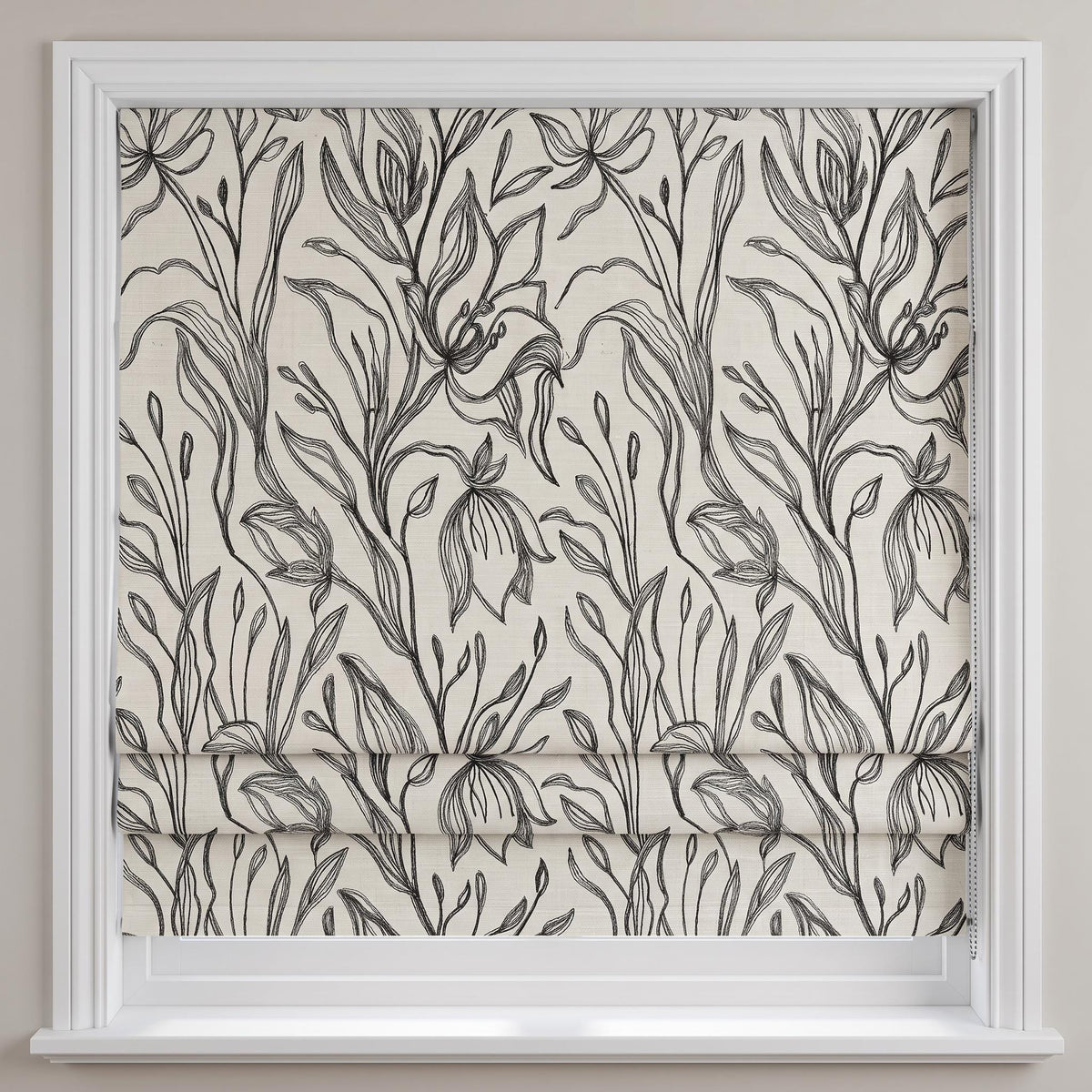 Botanical Line Art Roman Shade, Black Floral Linen Window Treatment, Monochromatic Foliage Blind