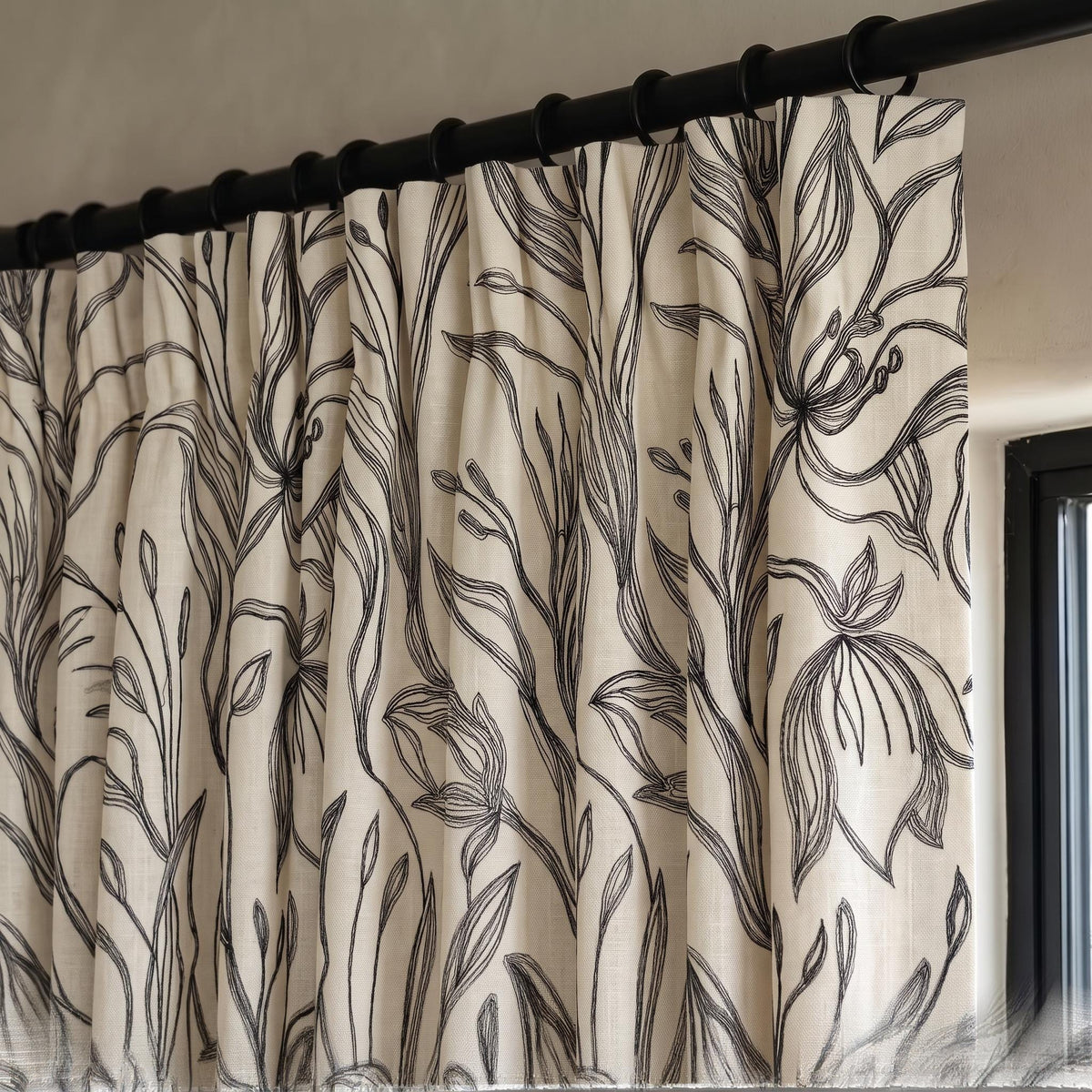 Embroidered Black Floral Linen Curtains, Botanical Wildflower Drapes, White Custom Curtain Panels, Modern Farmhouse Living Room Drapery