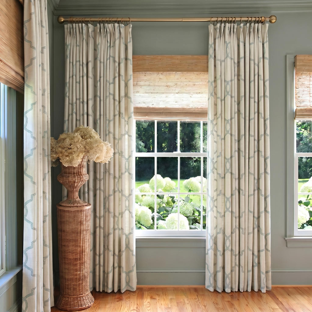 Moroccan Geometric Embroidered Curtains, Blue Taupe Ivory Curtain Panel, Farmhouse Cottage Window Drapes