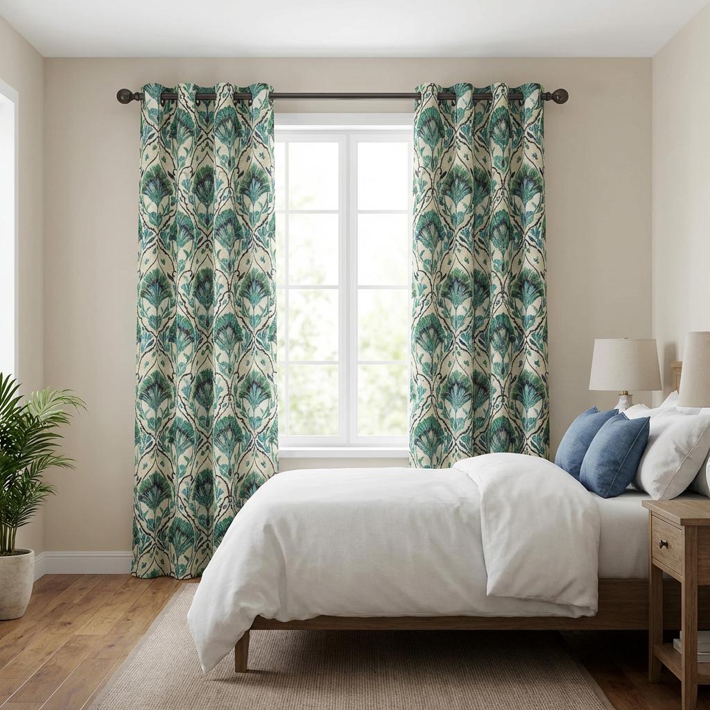Teal Botanical Curtains, Green Floral Window Panel, Vintage Vine Drapes, Farmhouse Living Room Curtain, Bedroom Window Treatment