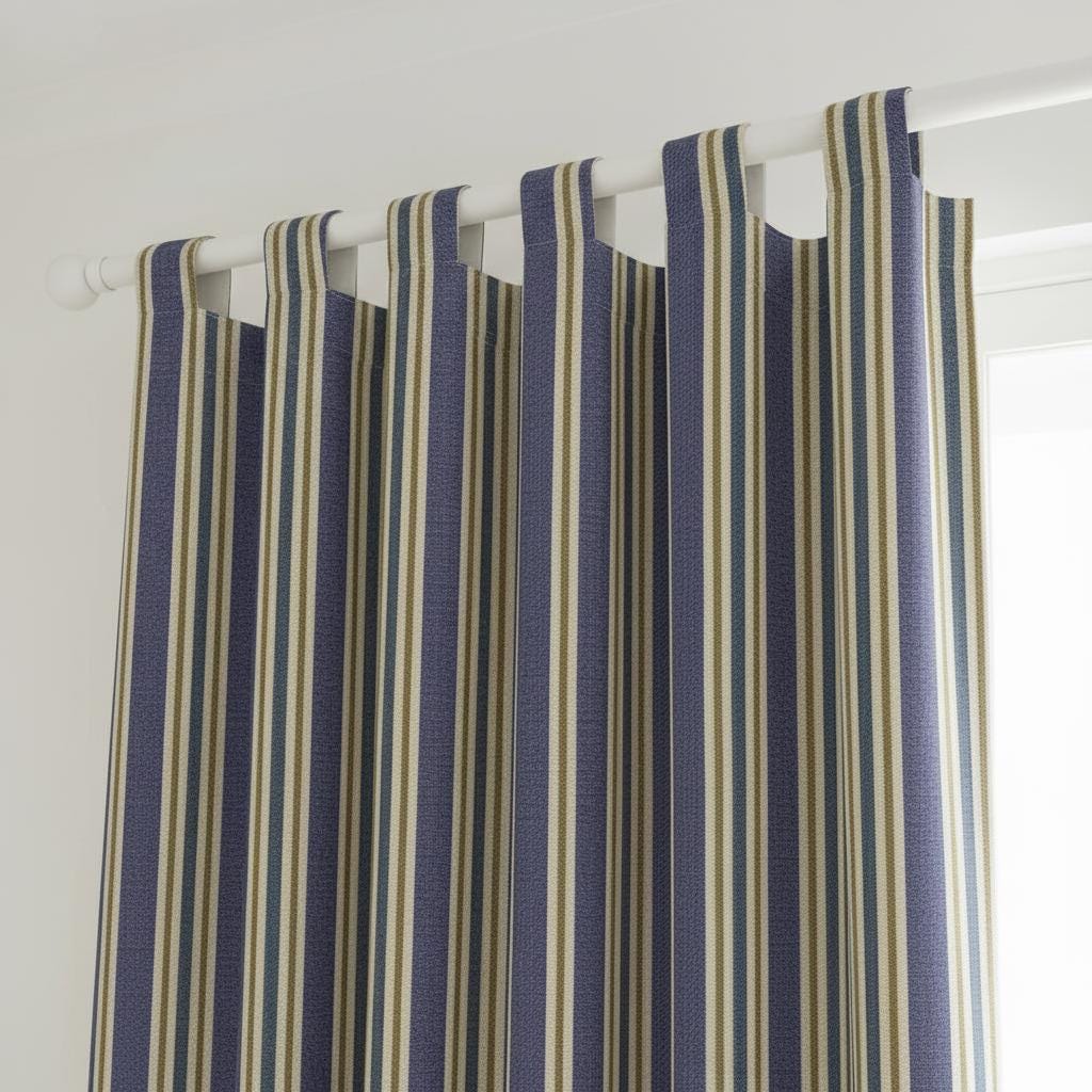 Blue & Beige Striped Curtains | Custom Made Rod Pocket Drapes | Linen Look Window Curtains | Farmhouse Coastal Bedroom Living Room