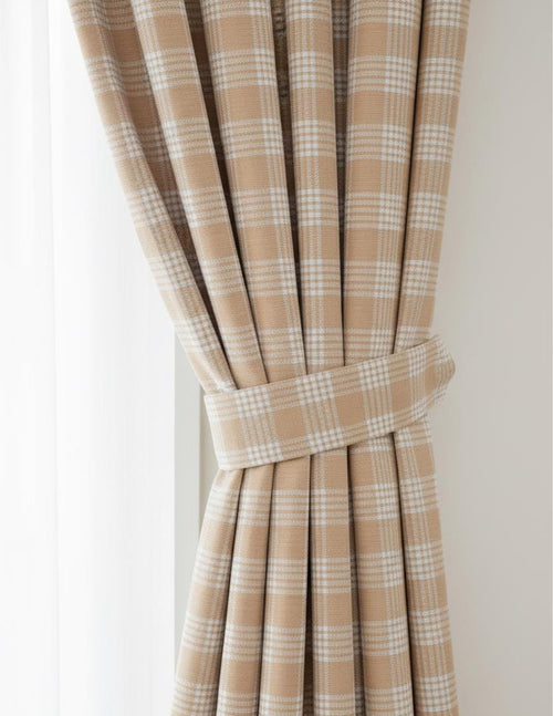 Beige Plaid Pinch Pleat Curtains | Farmhouse Cottage Decor