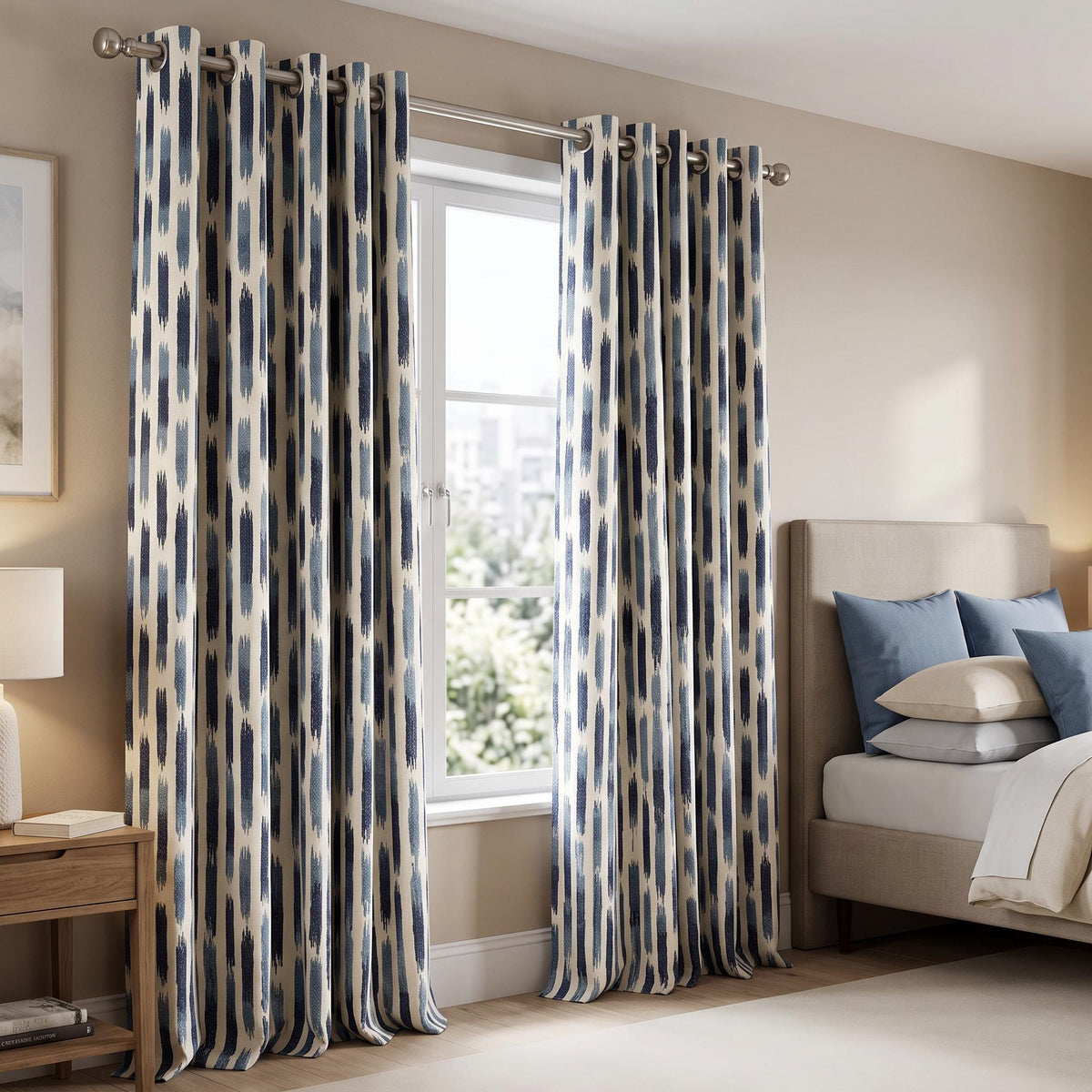 Blue Brushstroke Striped Curtain Panel, Textured Woven Window Treatment, Navy and Light Blue Distressed Stripe Custom Drape for Living Room