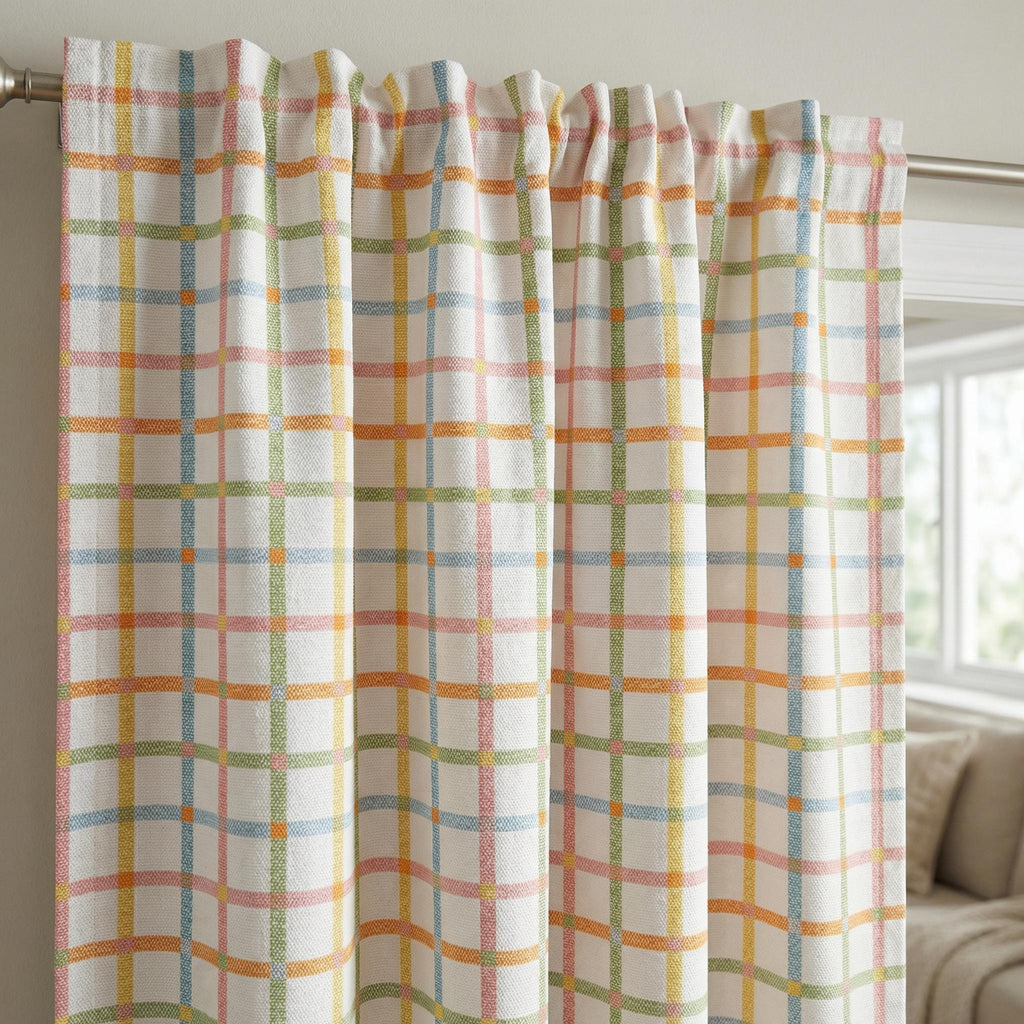 Pastel Plaid Linen Look Curtains, Designer Kids Drapes – Custom Nursery Window Panels