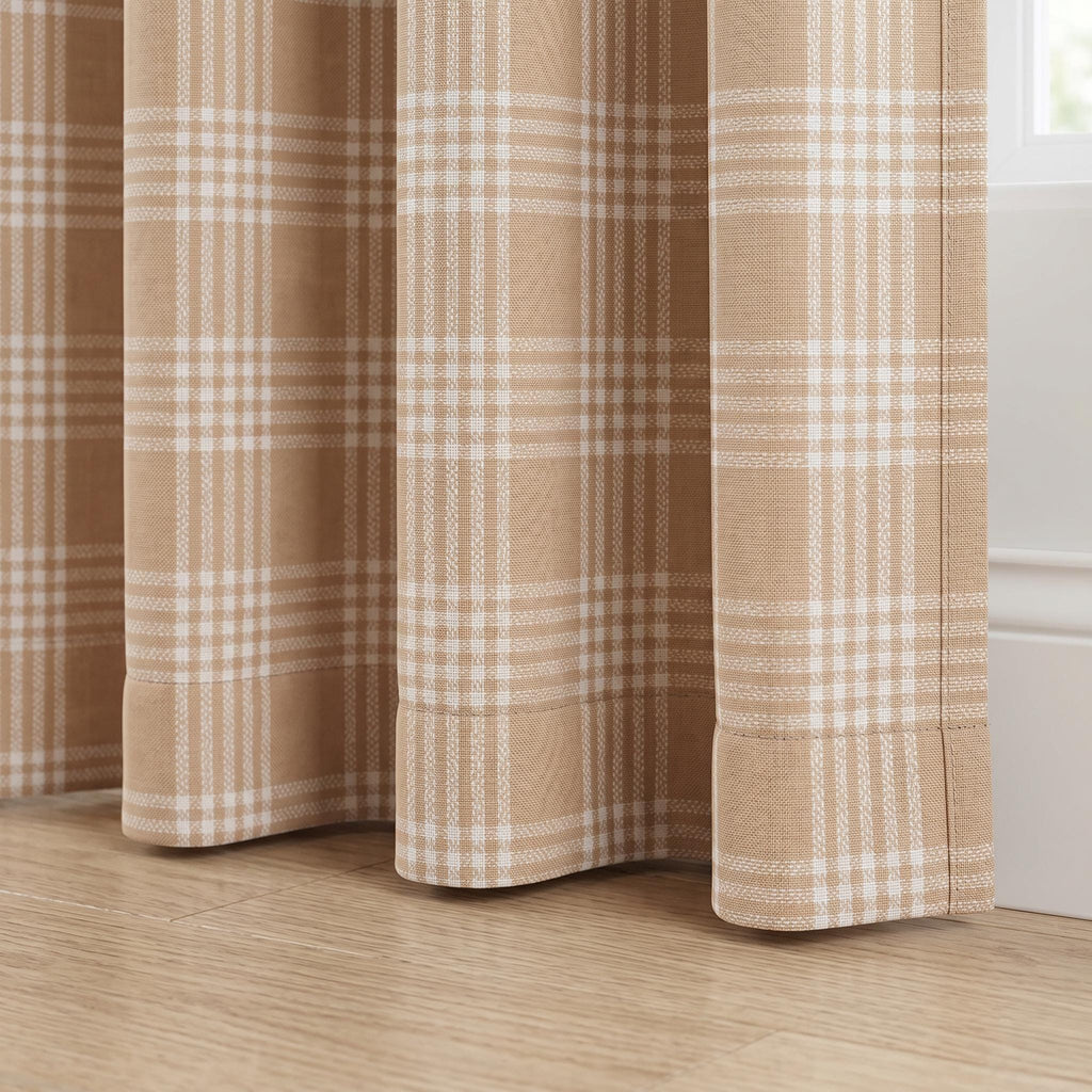 Warm Tan Plaid Curtains, Camel Check Linen Look Curtain Panel, Farmhouse Window Drapes, Custom Rod Pocket Curtains