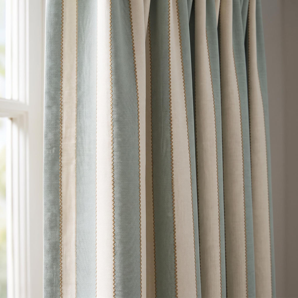 Sage Green & Cream Striped Curtains, Raised Stitch Embroidered Drapes, Custom Linen Cotton Window Treatments, Farmhouse - Coastal Drapery