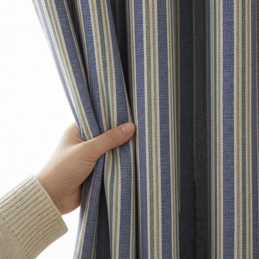 Blue & Beige Striped Curtains | Custom Made Rod Pocket Drapes | Linen Look Window Curtains | Farmhouse Coastal Bedroom Living Room