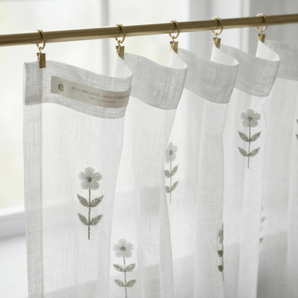 Embroidered Floral Sheer Curtains, Cottage Farmhouse Window Panels
