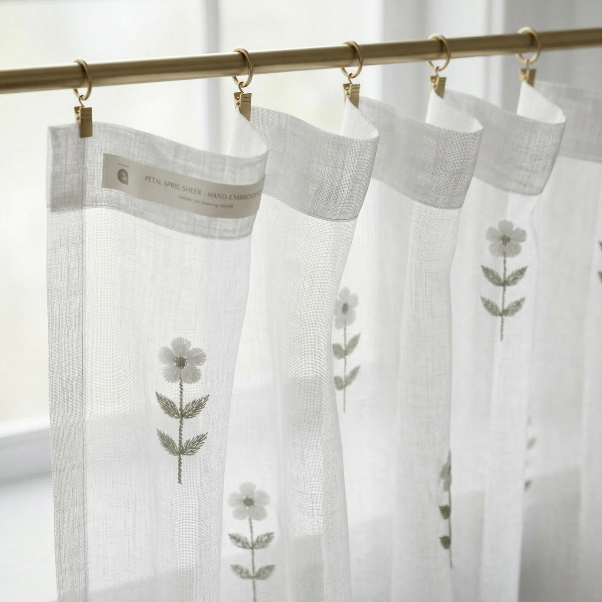 Embroidered Floral Sheer Curtains, Cottage Farmhouse Window Panels