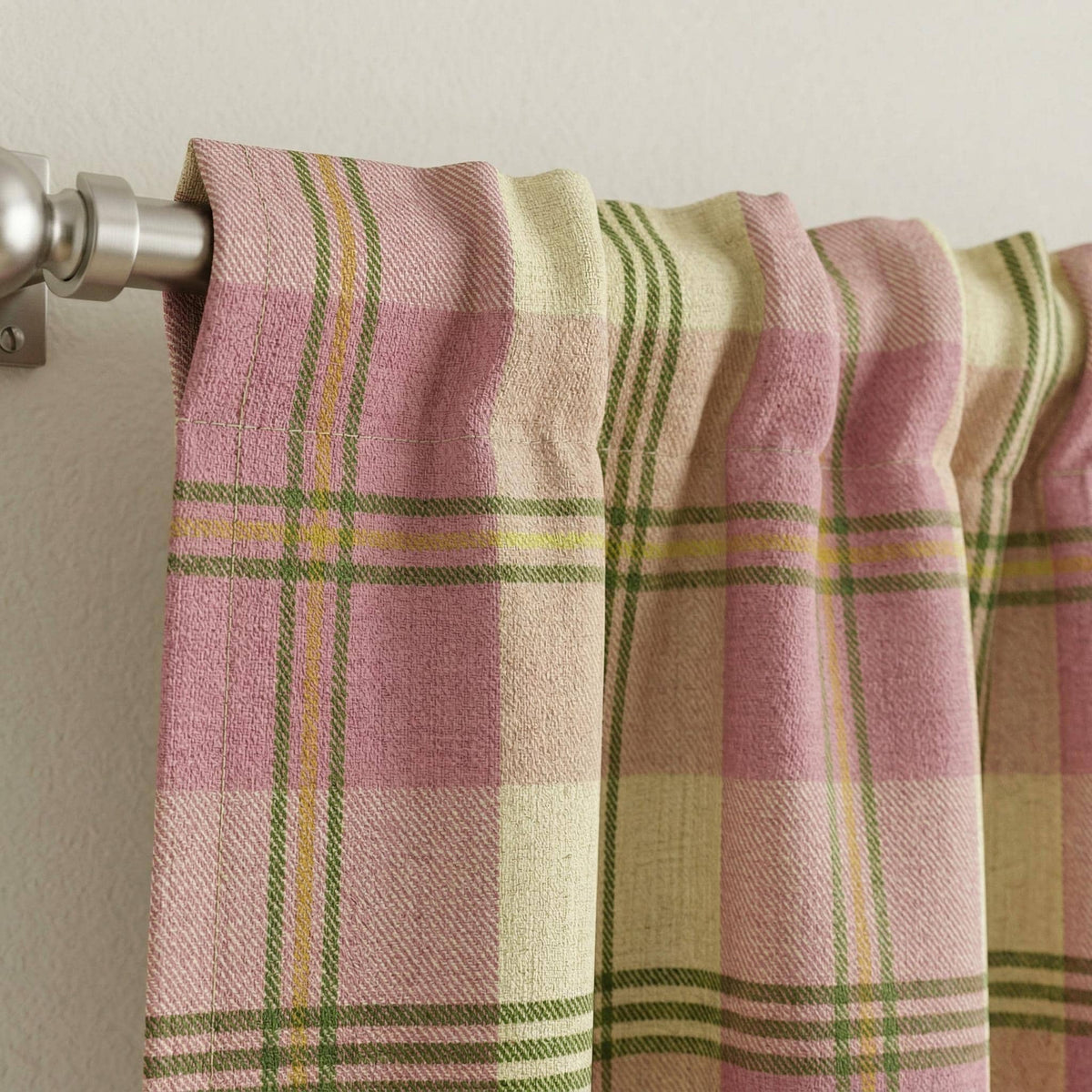 Pink Green Plaid Curtain Panels | Farmhouse Check Curtains | Linen Look Drapes | Custom Width & Lining Options