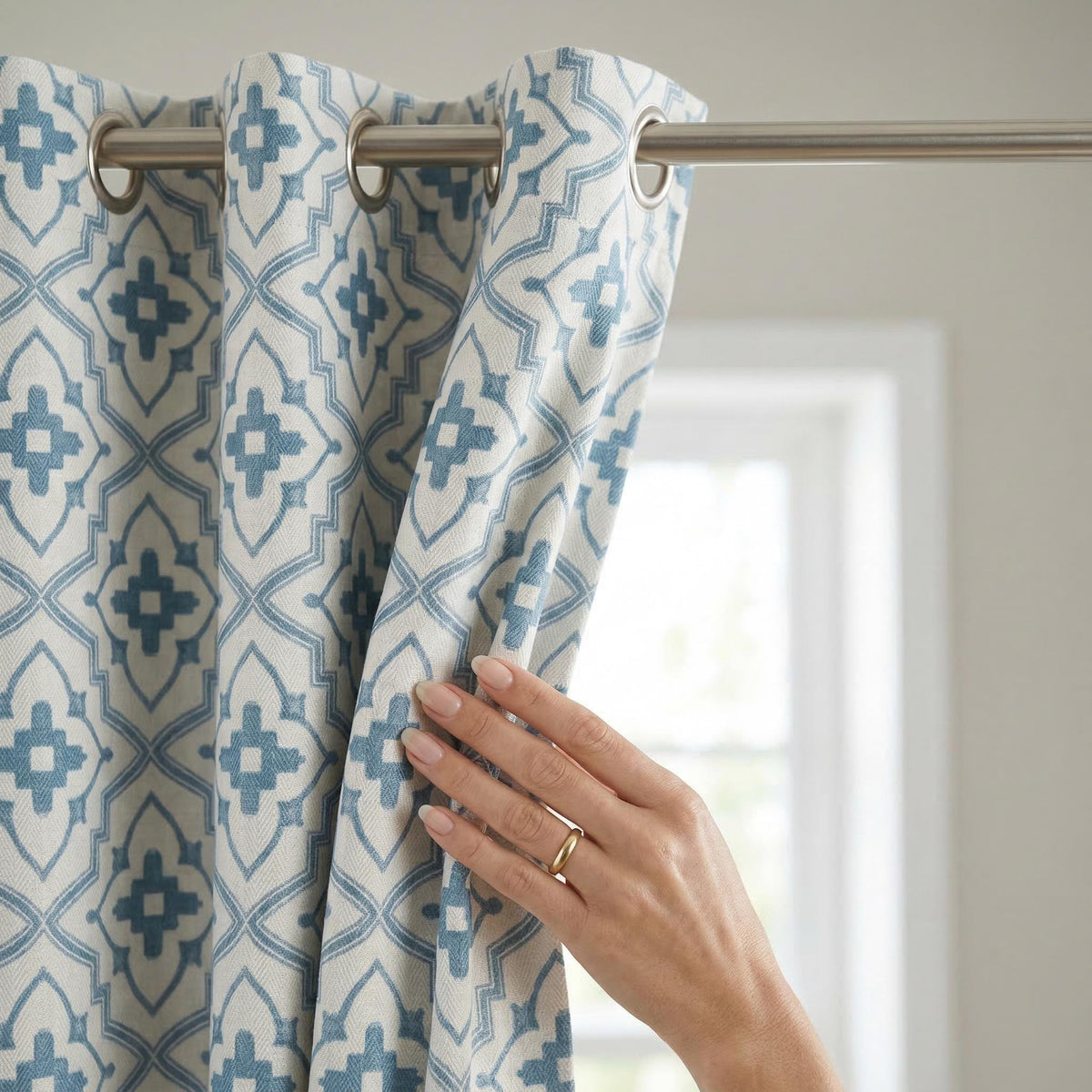 Blue Geometric Print Curtains, Modern Farmhouse Window Drapes, Ivory Light Blue Pattern
