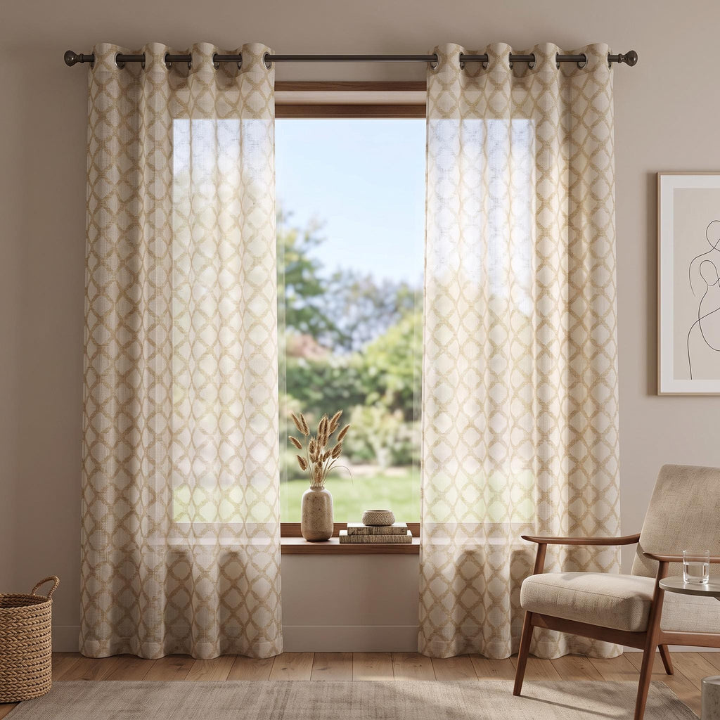 Beige Sheer Curtains, Geometric Sheer Drapes, Ivory Window Panels, Neutral Sheer Curtains, Custom Grommet Curtains, Modern Farmhouse