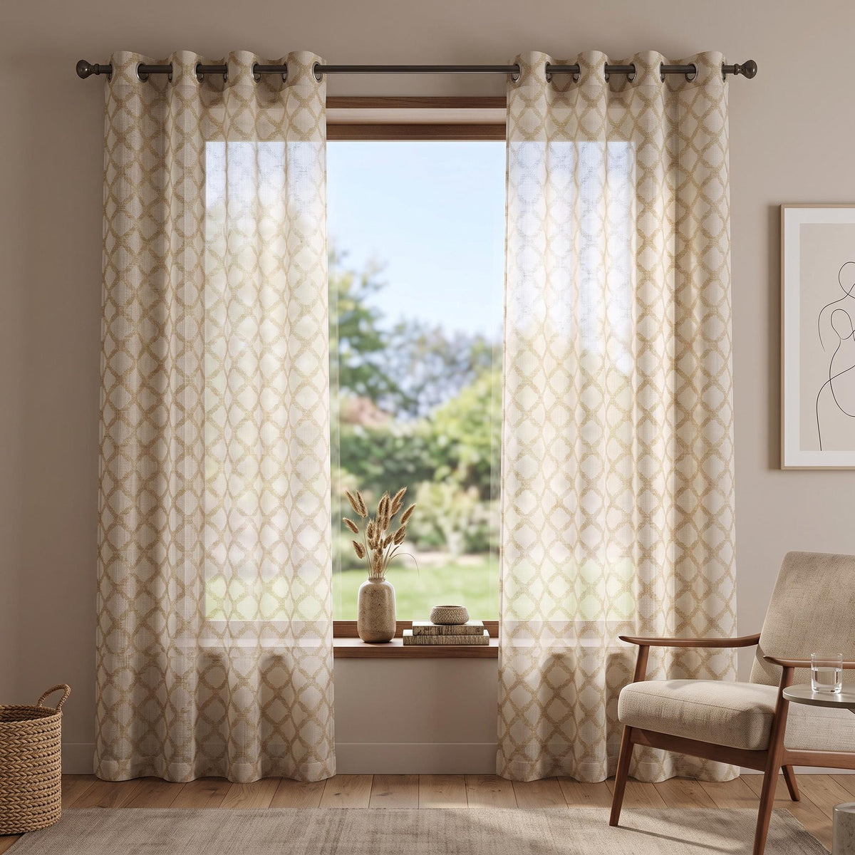 Beige Sheer Curtains, Geometric Sheer Drapes, Ivory Window Panels, Neutral Sheer Curtains, Custom Grommet Curtains, Modern Farmhouse