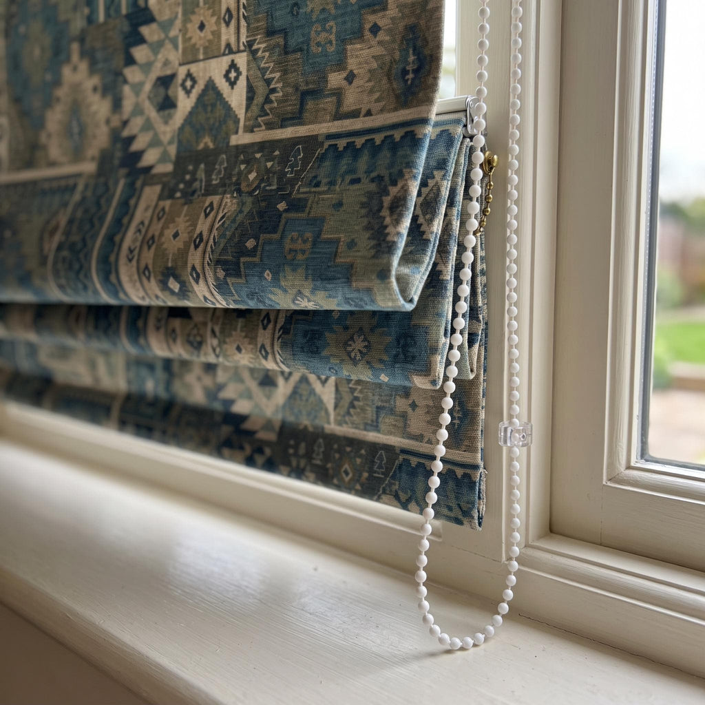 Blue Southwestern Roman Shade, Custom Upholstery Fabric Window Blind, Tribal Geometric Roman Blind, Rustic Boho Window Treatment