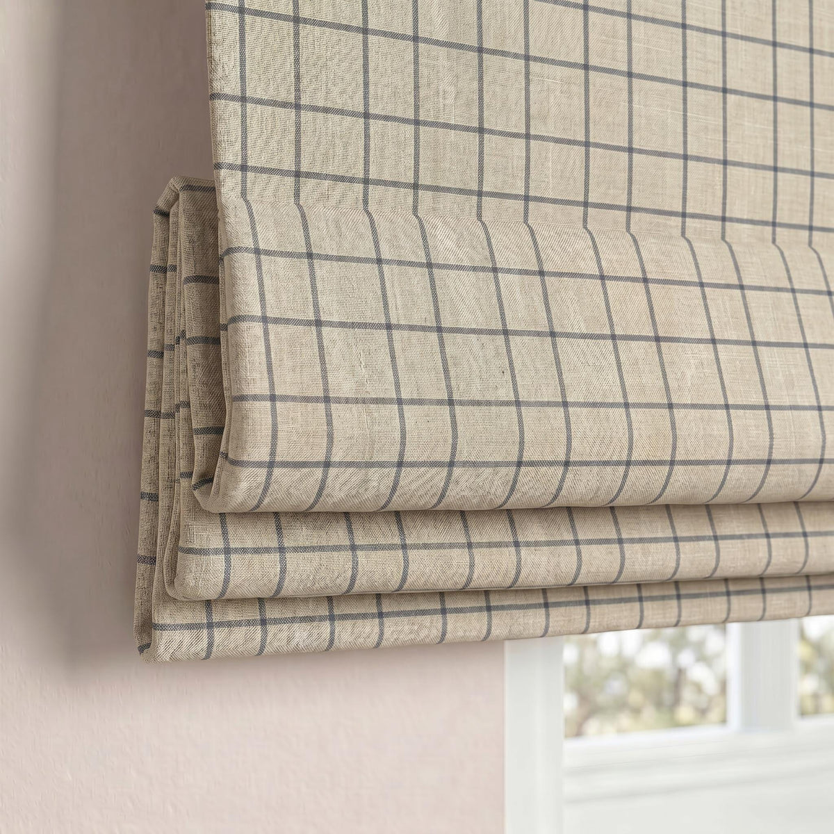 Beige Blue Check Roman Shade, Linen Look Windowpane Roman Blind, Farmhouse Plaid Window Treatment, Custom Kitchen Shade