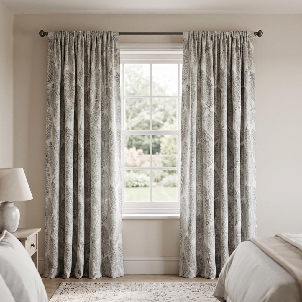 Sage Green Leaf Embroidered Curtains White Linen Palm Window Drapes Modern Botanical Custom Curtain Panels Drapes