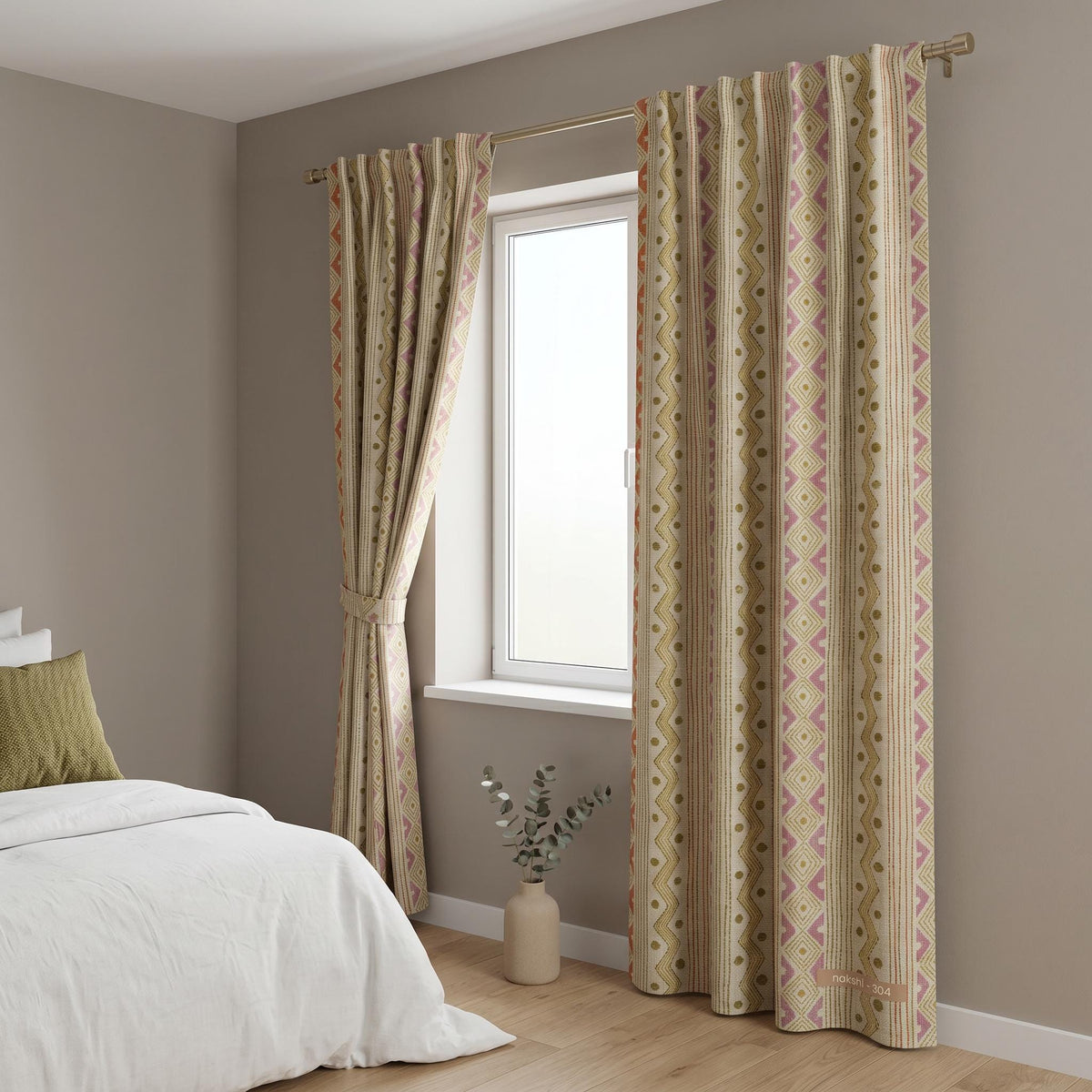 Boho Geometric Curtains | Neutral Tribal Pattern Drapes | Beige Terracotta Window Panels | Farmhouse Living Room Curtains | Custom Size