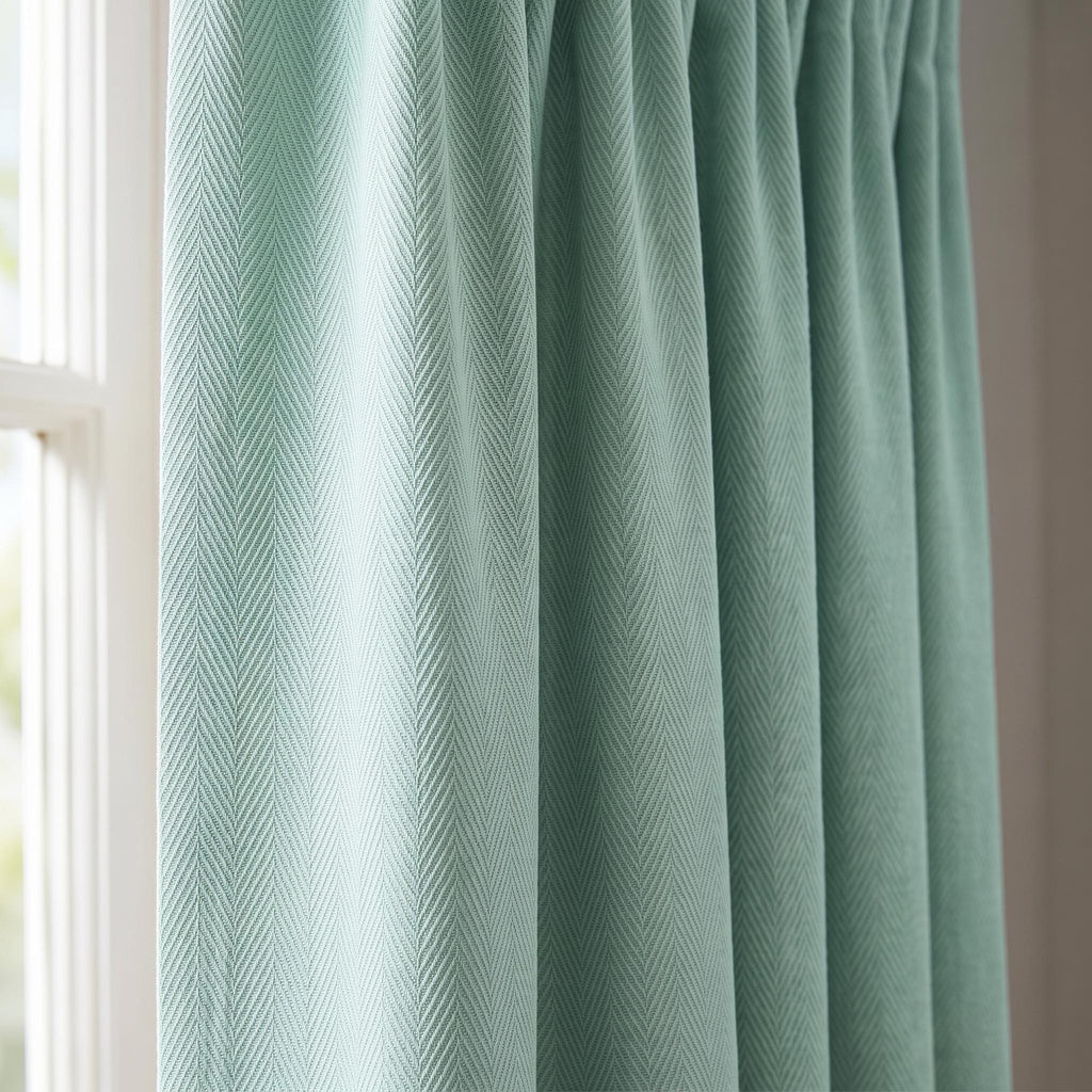 Custom Seafoam Blue Herringbone Curtains | 100% Cotton Textured Window Drapes for Living Room & Bedroom | Light Filtering or Blackout