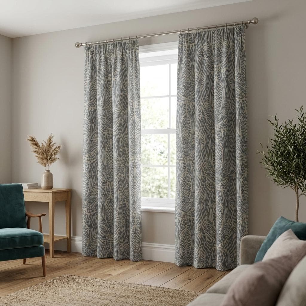 Blue Slate Botanical Linen Drapes, Muted Blue Fern Leaf Curtain Panels, Earthy Leafy Print Curtains, Blackout or Light Filtering