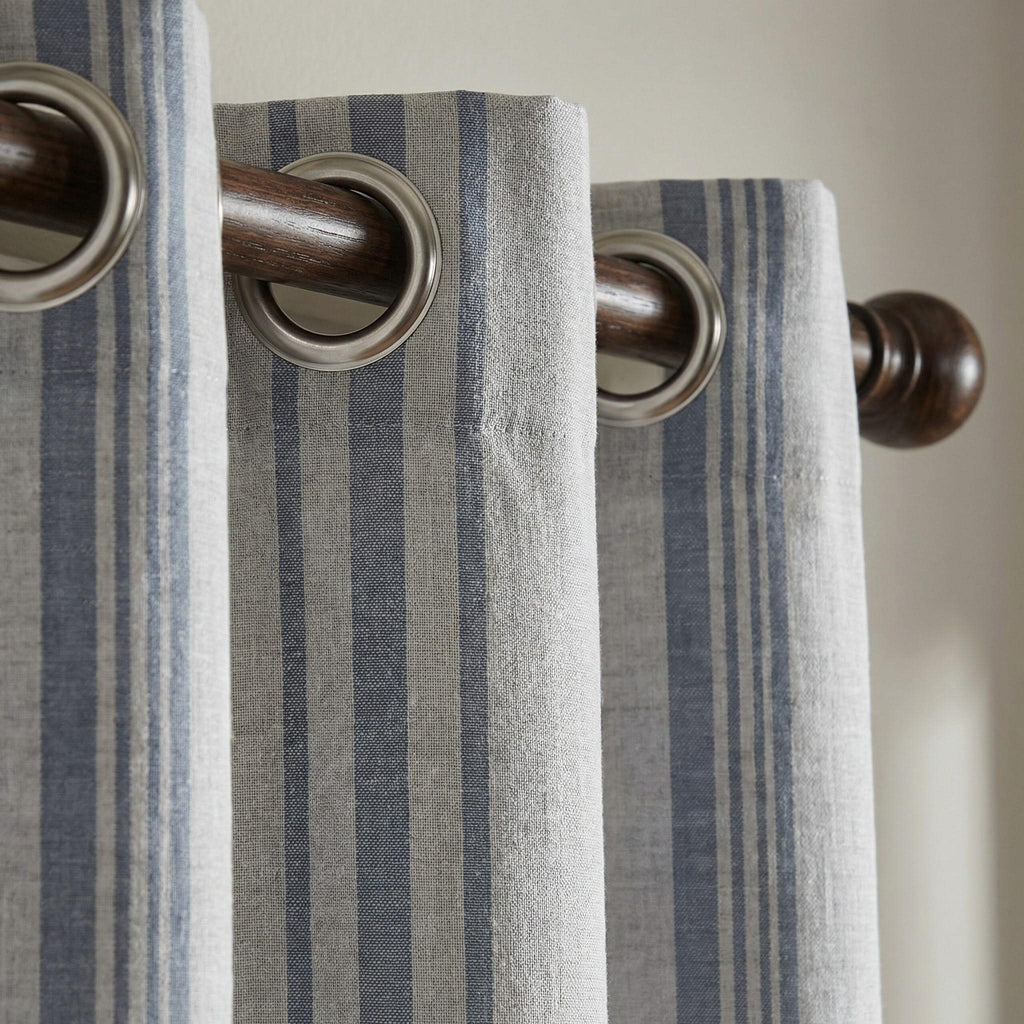 Blue Striped Cotton Linen Look Curtains, Vertical Stripe Drapes, Light Filtering Window Curtains, Custom Size Panels