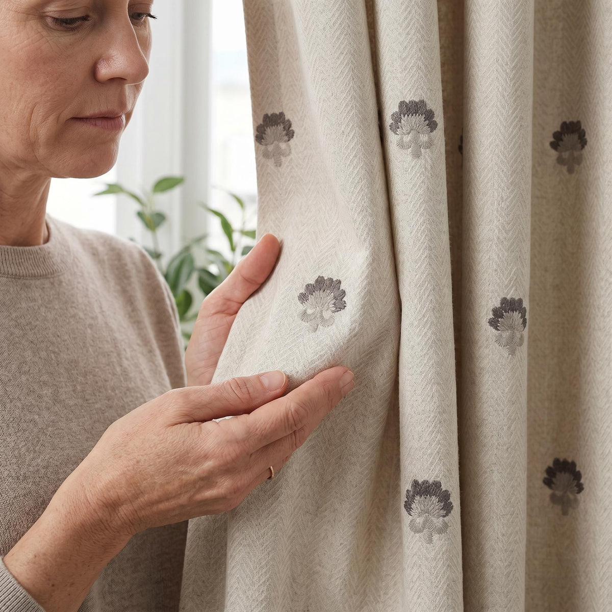 Beige Embroidered Drapes | Textured Floral Curtains | Scandinavian Window Panel