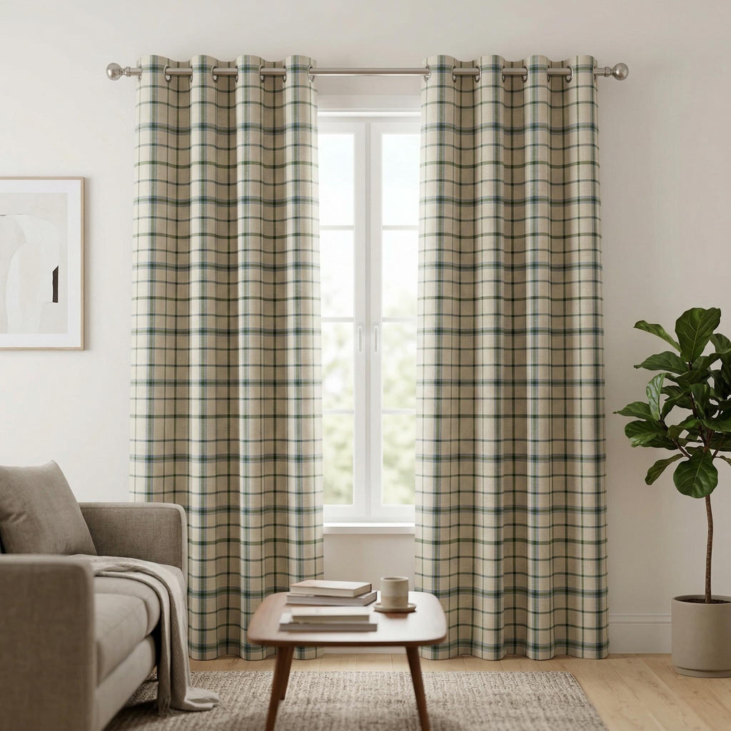 Plaid Curtains | Check Curtains Panel Beige Green Blue | Farmhouse Window Curtains | Custom Curtains | Multiple Header Styles