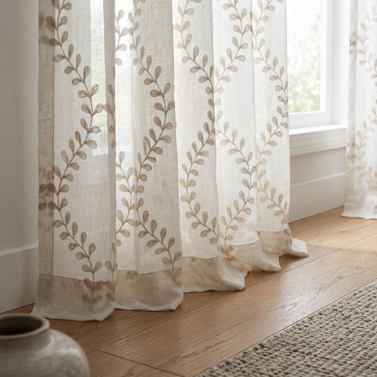 Neutral Embroidered Sheer Curtains | Linen Look Rod Pocket Drapes | Custom Light Filtering Curtains | Minimal Beige Window Panels