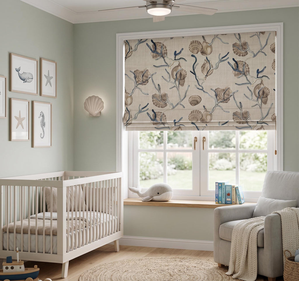 Embroidered Coral Roman Shade, Coastal Roman Blind, Seashell Linen  Window Shade, Beach House Roman Curtain, Neutral Blue Shade