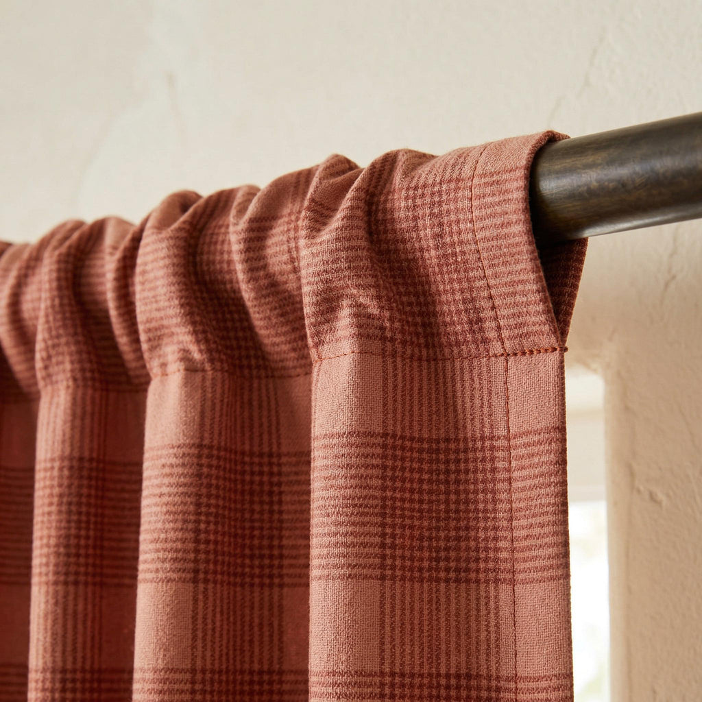 Plaid Curtain Panel with Tieback | Terracotta Check Curtains | Farmhouse Window Drapes | Linen Look Curtain | Custom Size & Header Styles