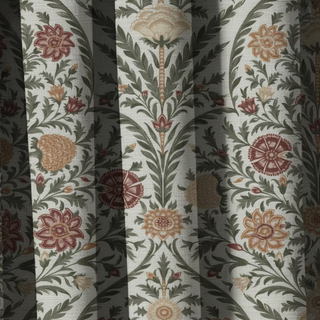 Botanical floral cotton curtains, neutral earthy botanical drapes, traditional cottage window panels, custom curtains