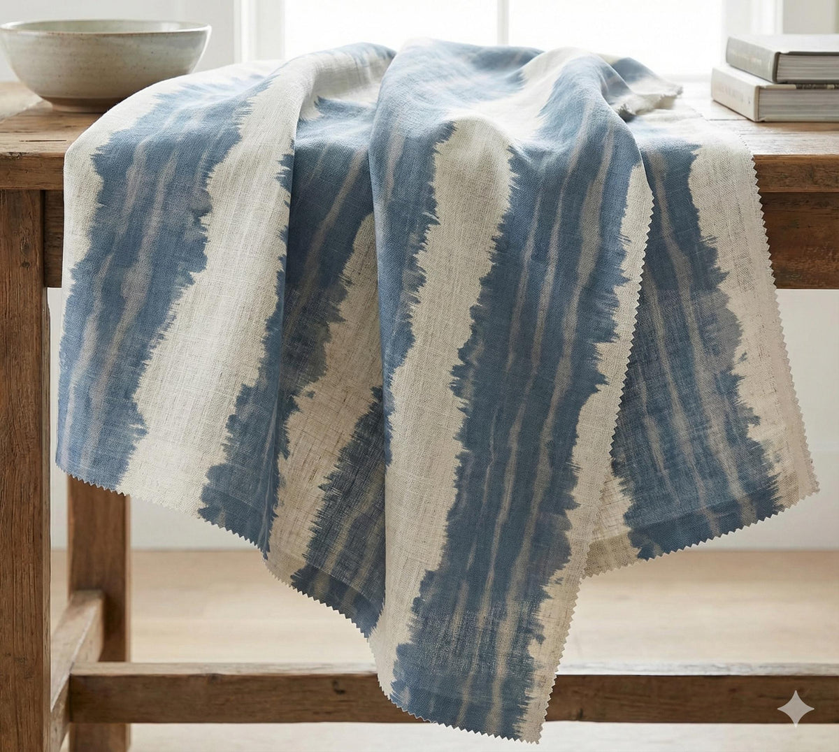 Blue Watercolor Stripe Linen Curtains, Coastal Modern Rod Pocket Drapes
