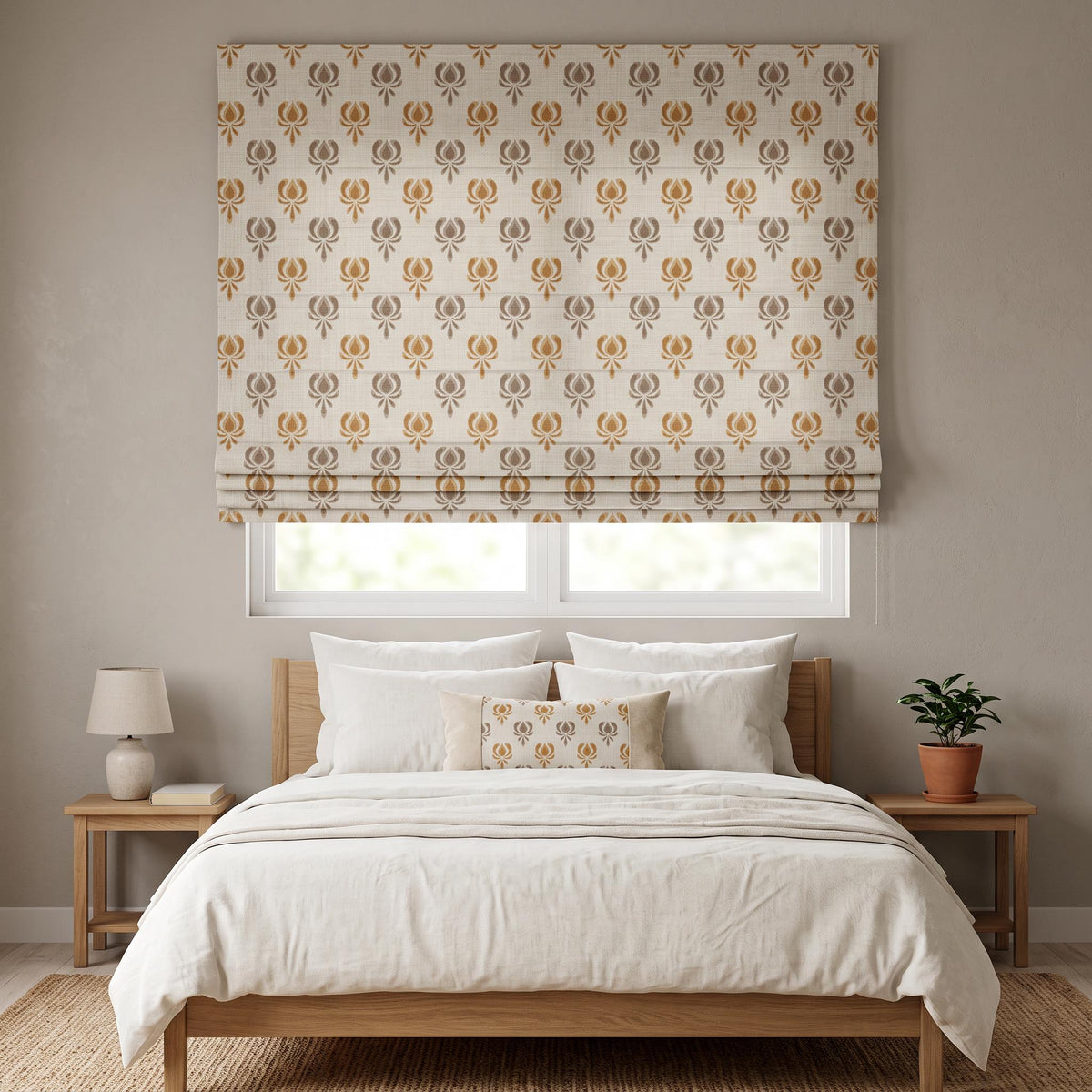 Neutral Floral Woven Linen Roman Shade, Mustard Beige Tulip Window Blind, Earthy Botanical Pattern Shade, Blackout or Light Filter