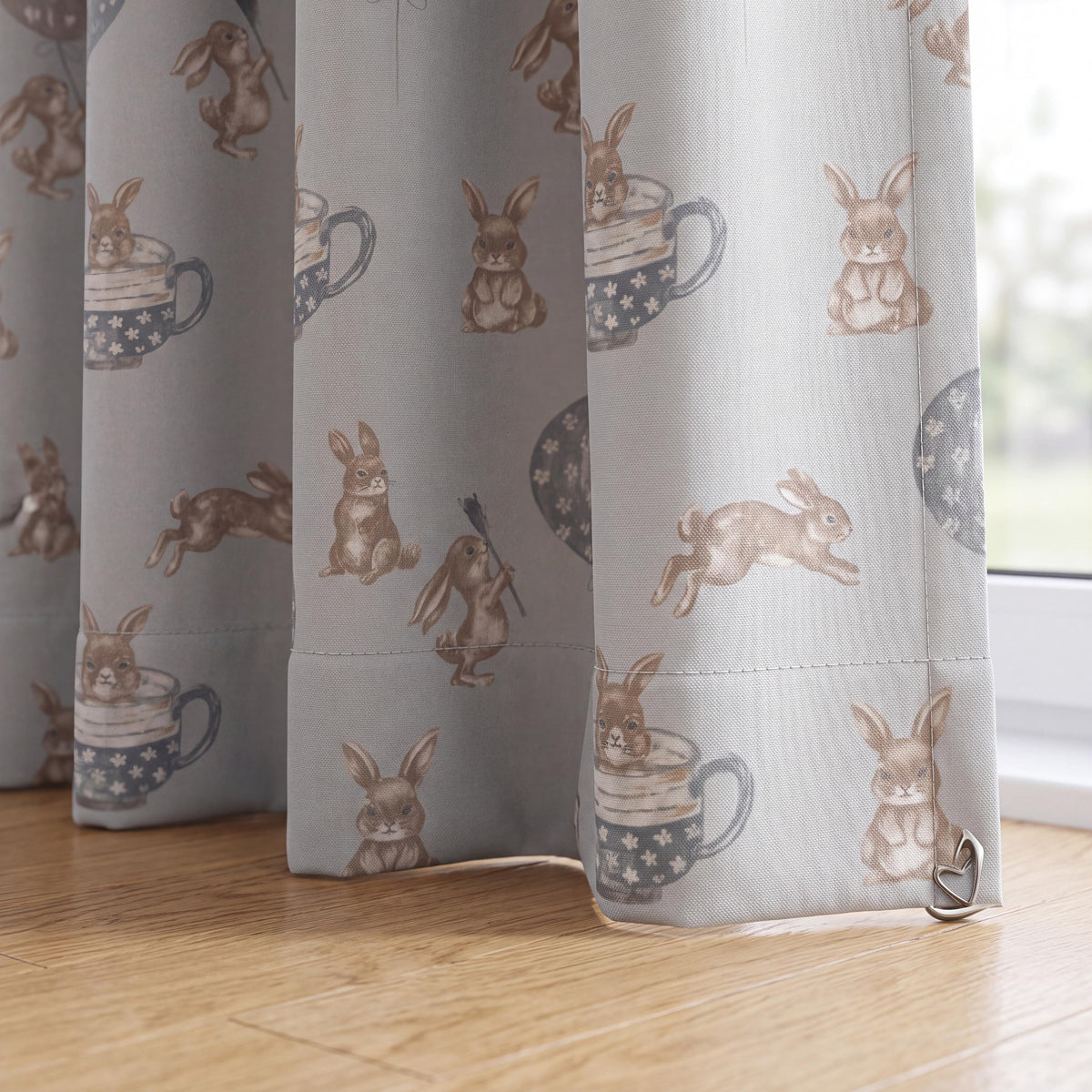 Bunny Nursery Curtains, Velvet Feel Rabbit and Teacup Drapes, Grey Woodland Kids Room Curtains, Custom Window Panels