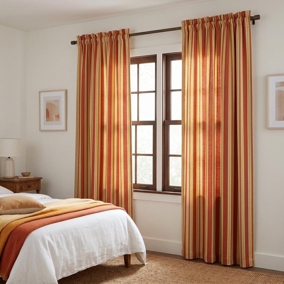 Terracotta Mustard Striped Curtains, Cotton Linen Curtain Panels, OEKO TEX Fabric Drapes, Rust Yellow Vertical Stripe Curtains