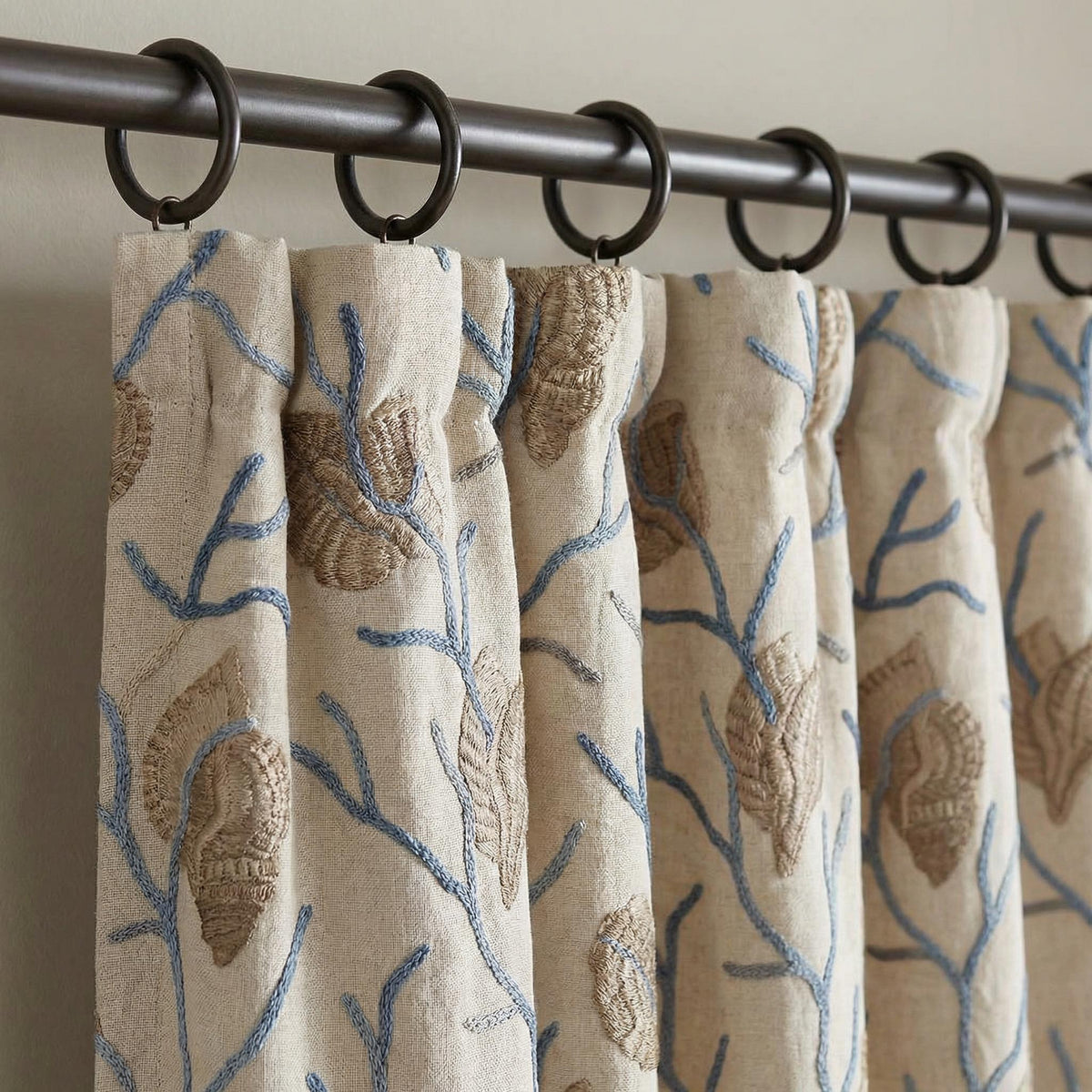 Embroidered Seashell Nursery Curtain ,Whimsical Leaf Embroidery Curtain, Cozy Kids Room Drapery