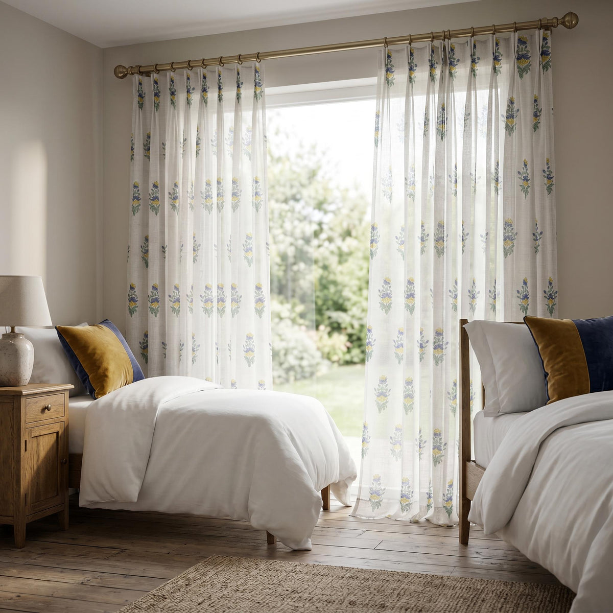 Sheer Floral Curtains, Yellow Blue Flower Cotton Curtains, Printed Sheer Drapes, Boho Farmhouse Window Curtain Panel